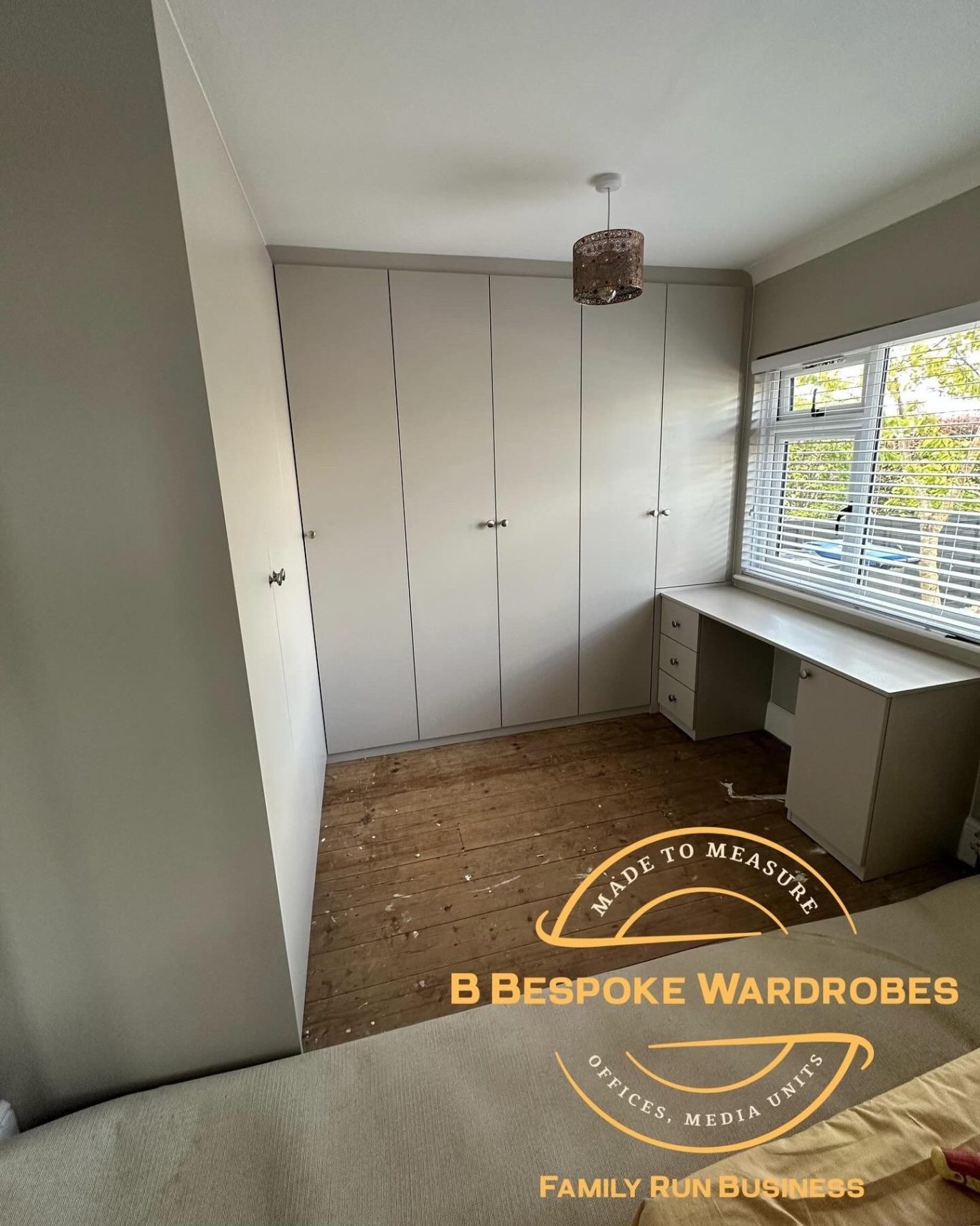 Made to measure, bespoke fitted 8 door corner hinged wardrobe with fitted dressing table in Kent 