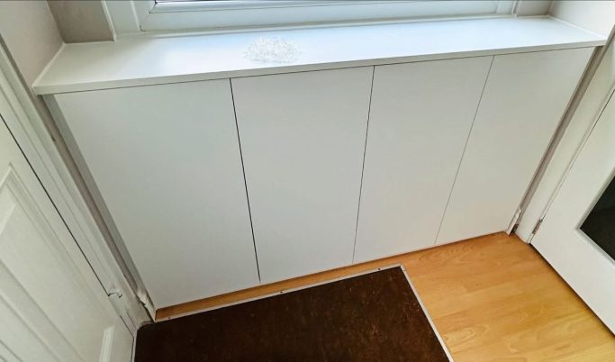 4 door bespoke fitted, made to measure hallway cupboards in frost white in Kent.