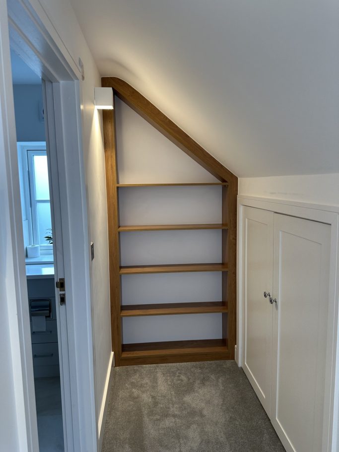 Made to measure, Bespoke fitted angled shelving unit for home office in Kent and Maidstone.