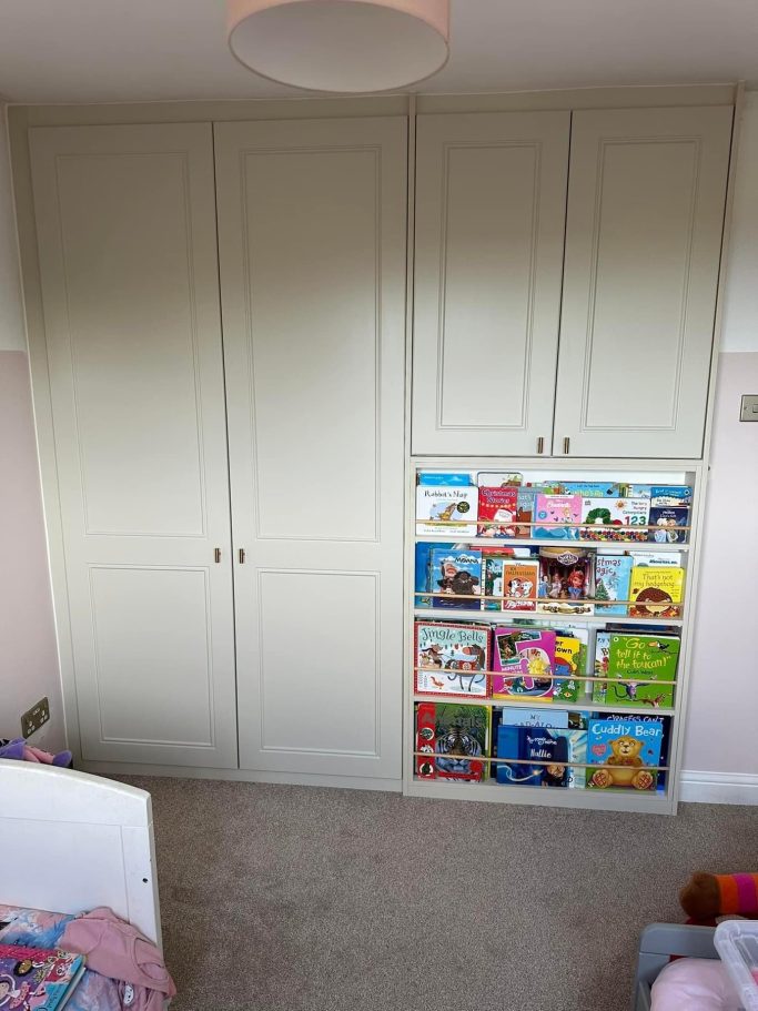4 door made to measure, bespoke fitted hinged wardrobe with bookshelf in super matt mussel in Kent.