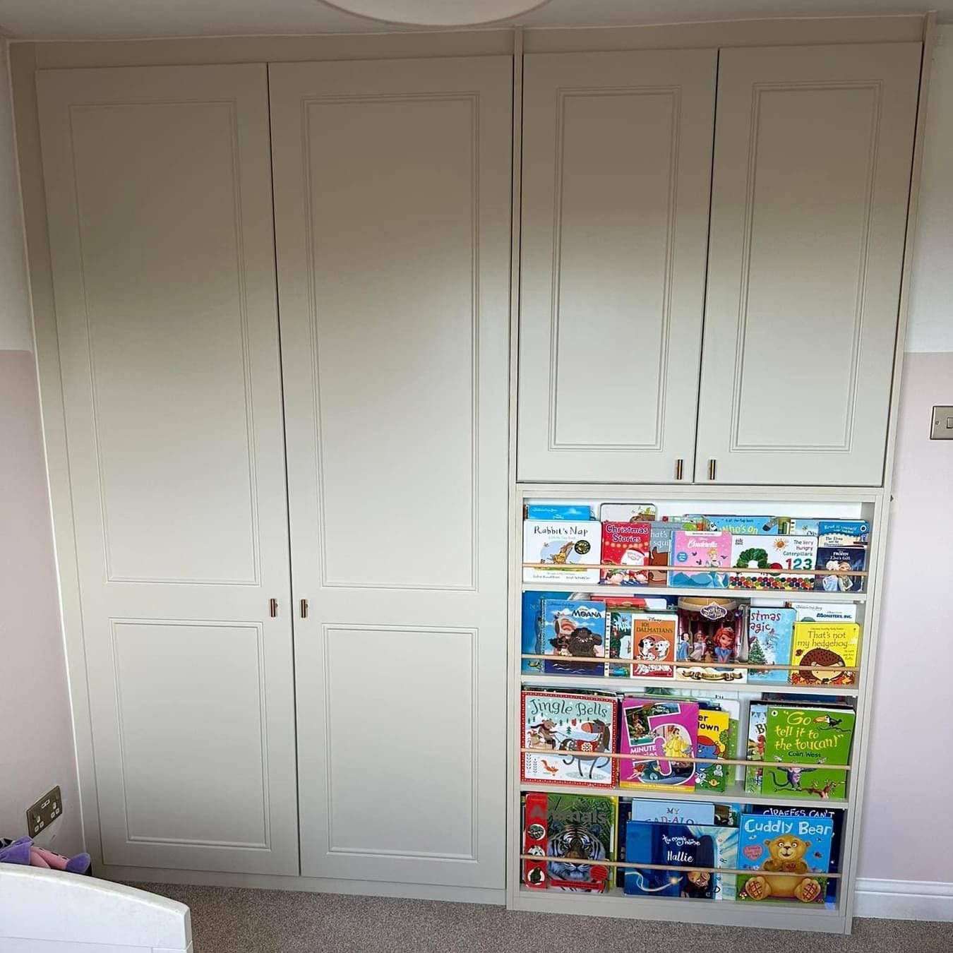 4 door made to measure, bespoke fitted hinged wardrobe with bookshelf unit in Kent and Tonbridge.