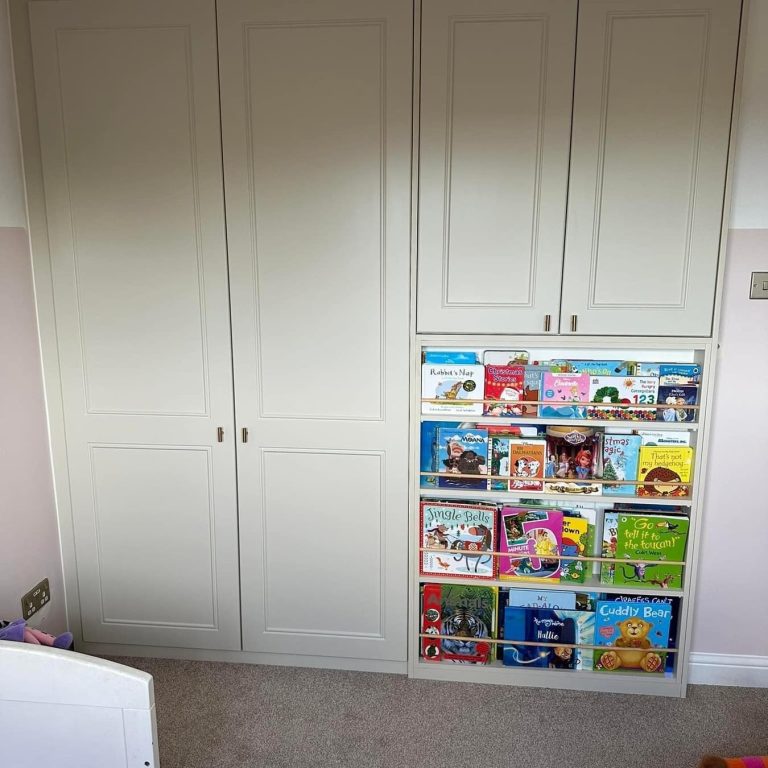 4 door made to measure, bespoke fitted hinged wardrobe with bookshelf in Kent and Maidstone.