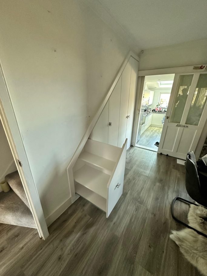 5 door bespoke, made to measure fitted understairs cupboards with 2 pull out storage boxes in Kent and Maidstone.