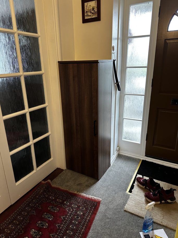 1 door made to measure, bespoke fitted hinged shoe unit/ cupboard in opera walnut in Kent.