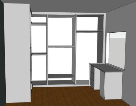 Made to measure, bespoke fitted corner hinged wardrobe with fitted drawer units.