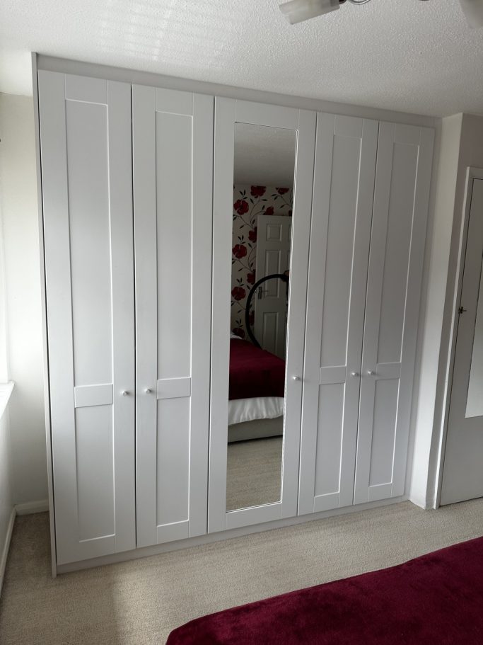 5 door hinged wardrobe with 1 mirrored door and shaker style moulding in Kent and Maidstone.
