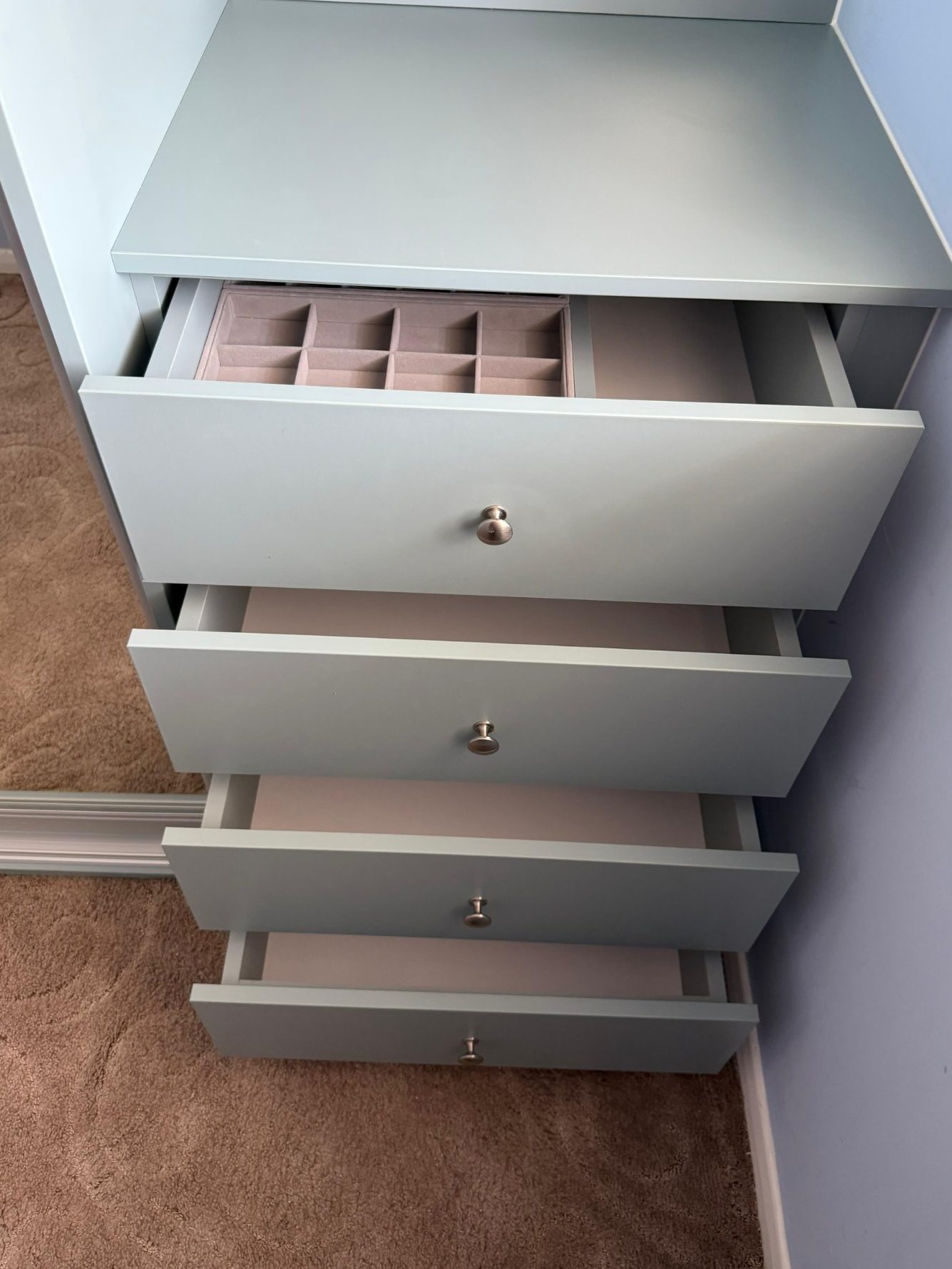 Bespoke drawer unit with jewellery insert. Custom made, bespoke dressing table with jewellery compartment in soft closing drawer, in Chatham, Kent