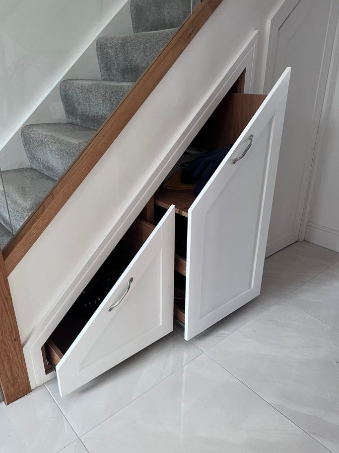 Made to measure, bespoke fitted understairs pull out drawers in Kent and Maidstone.